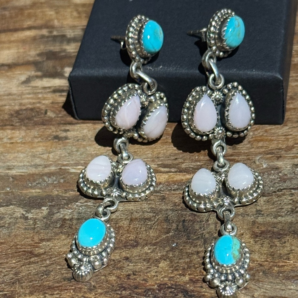 Southwestern Sterling Silver Turquoise and pink opal Dangle statement Earrings